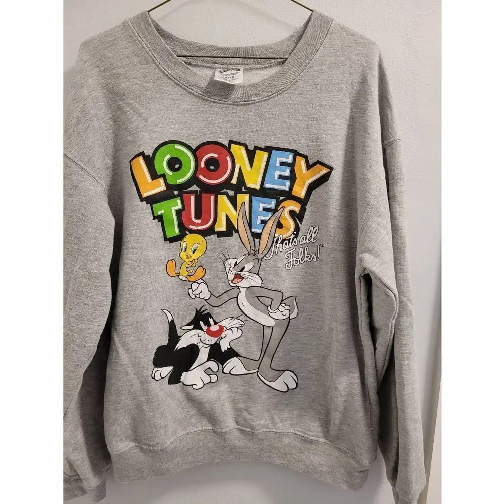 Juniors girls LOONEY TUNES pull over scoop neck large (11-13) gray sweatshirt